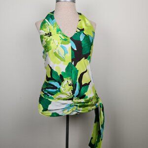 Banana Republic Size S Silk Green Abstract Artsy Green Multi Floral Halter Top